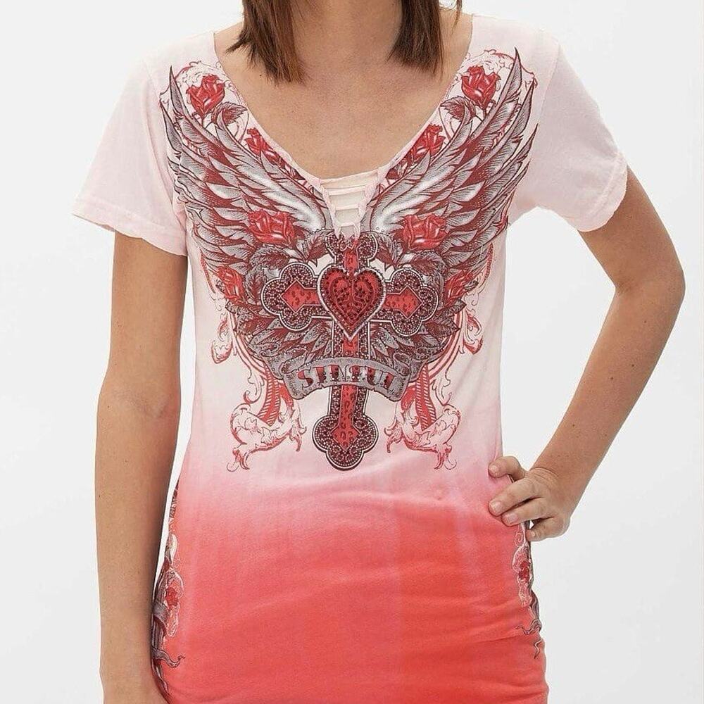 Sinful By Affliction Cold Steel T Shirt Cotton Cross Bedazzled Womens Small